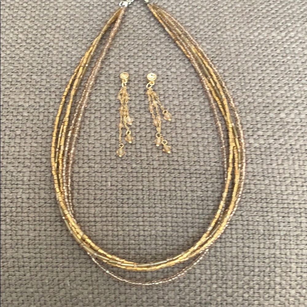 Necklace & Earrings Set Gold Barrel & Round Beads